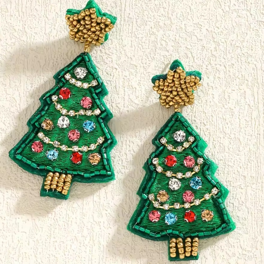 Christmas Tree Star Green Beaded Earrings
